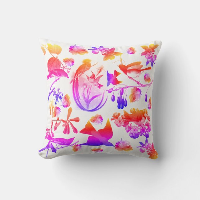SPRING BIRDS ,FEATHERS AND FRUITS Floral Pink Blue Cushion (Front)
