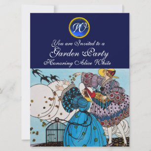 SPRING BIRDS GARDEN PARTY ,SAPPHIRE GEM MONOGRAM INVITATION