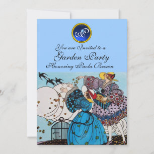 SPRING BIRDS GARDEN PARTY ,SAPPHIRE GEM MONOGRAM INVITATION
