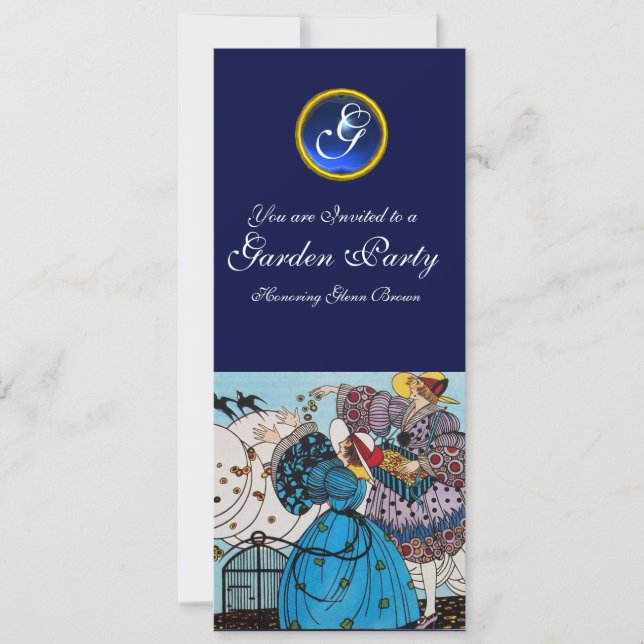 SPRING BIRDS GARDEN PARTY ,SAPPHIRE GEM MONOGRAM INVITATION (Front)