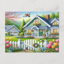 Spring Birds Nature House Postcard Watercolor