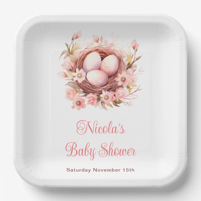Spring Birds Nest Baby Shower Paper Plate (Front)