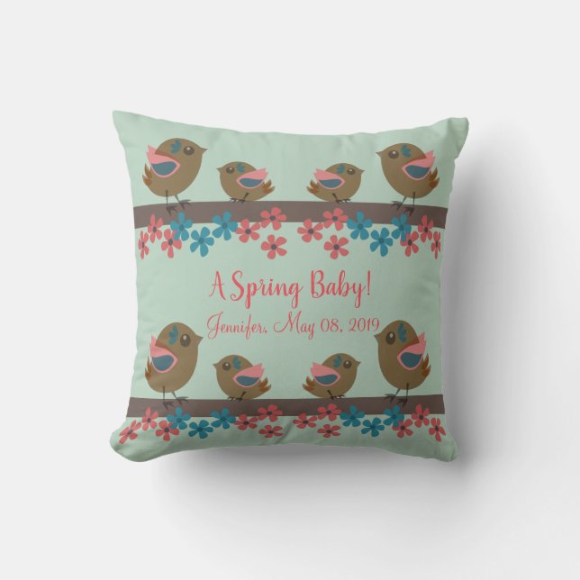 Spring birds with babies & custom text cushion (Front)