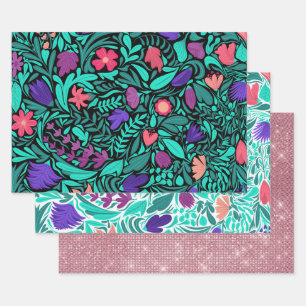 Spring Black Flowers Leaves Illustration Pattern Wrapping Paper Sheet