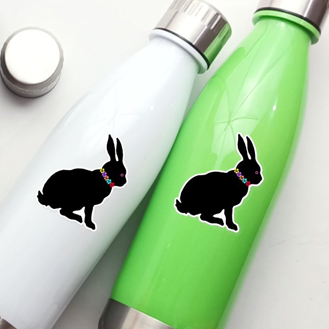 Spring Black Silhouette Rabbit Ring of Flowers (Sitting spring time or Easter black silhouette rabbit wearing colourful flowers on vinyl sticker.)