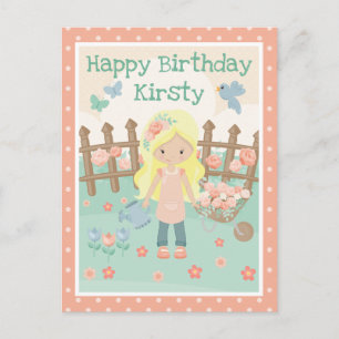 Spring Blonde Girl in peach flower garden Birthday Postcard