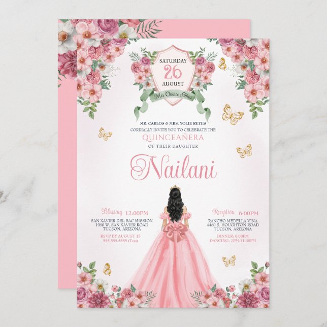 Spring Bloom Butterfly Pink Floral Quinceanera Invitation (Front/Back)