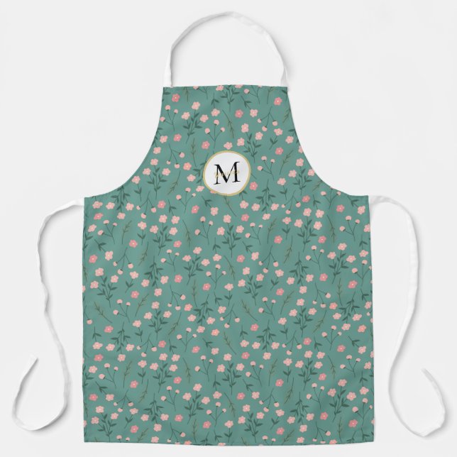 'Spring Bloom', teal & pink floral customised  Apron (Front)