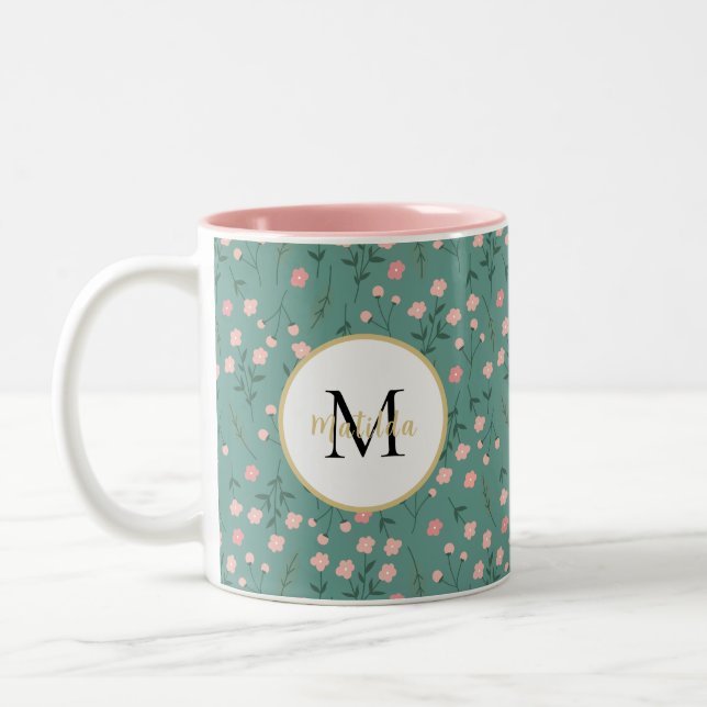 'Spring Bloom', teal & pink floral customised  Two-Tone Coffee Mug (Left)