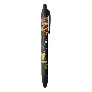 Spring Blooming Tree Gold Bird In Love Black Ink Pen