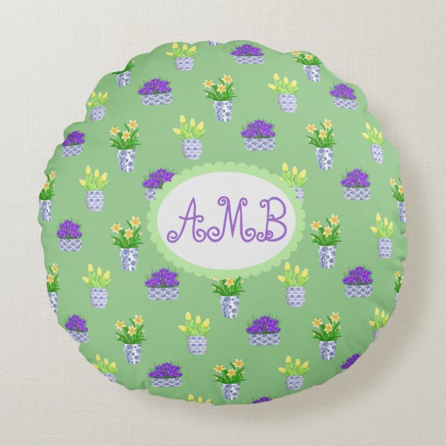 Spring Blooms in Blue & White Pots Accent Pillow (Front)