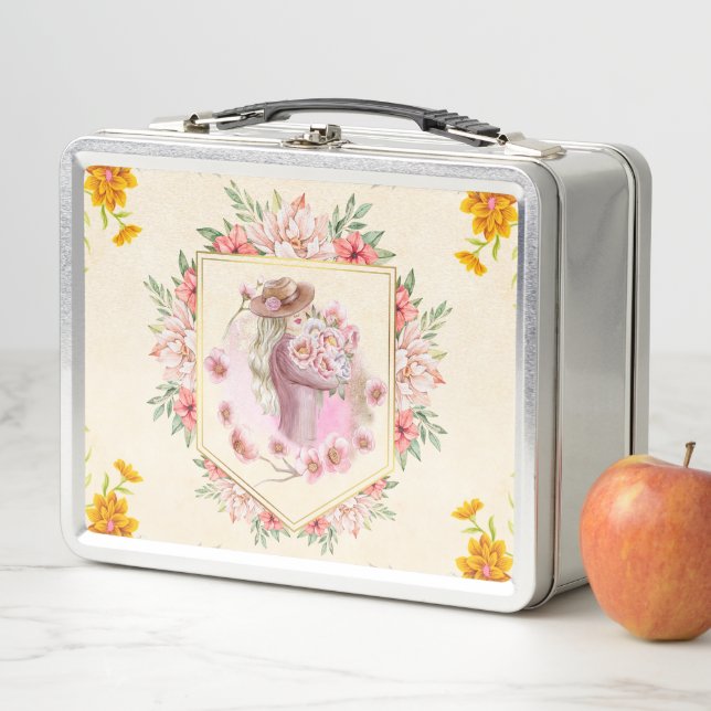 Spring Blooms Lady Art Print Metal Lunch Box (In Situ)