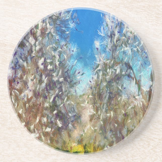 Spring Blossom Almond Tree Pointillism Artwork Coaster (Front)