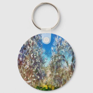 Spring Blossom Almond Tree Pointillism Artwork Key Ring