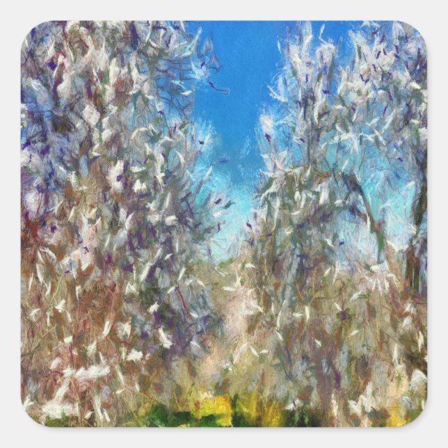 Spring Blossom Almond Tree Pointillism Artwork Square Sticker (Front)
