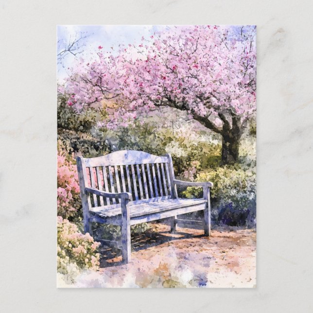 Spring Blossom Bench Watercolor Announcement Postcard (Front)