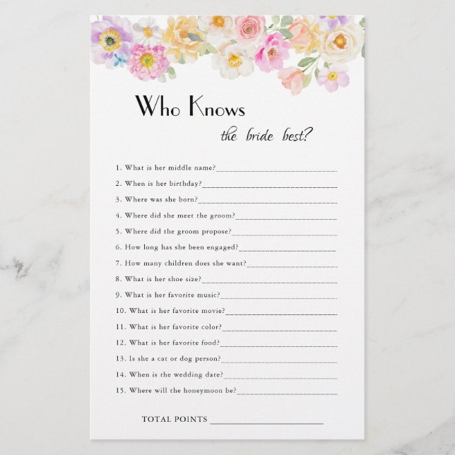 Spring Blossom Bridal Shower Who Knows Bride Game (Front)