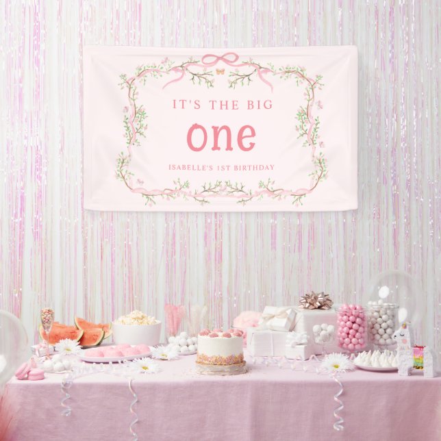 Spring Blossom Floral Frame 1st Birthday Pink Banner (Party)