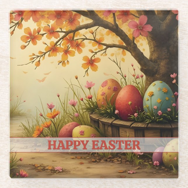 Spring Blossom Magic with Easter Egg Splendour Glass Coaster (Front)