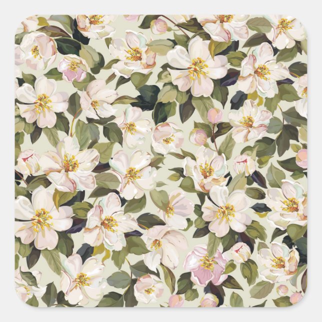 Spring Blossom Tree Branches Pattern Square Sticker (Front)