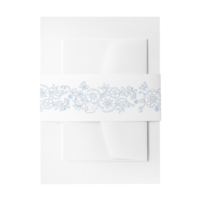 Spring blossom vine butterflies white blue wedding invitation belly band (Front Example)