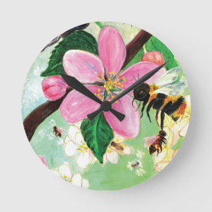 Spring Blossoming Tree with Bees Round Clock