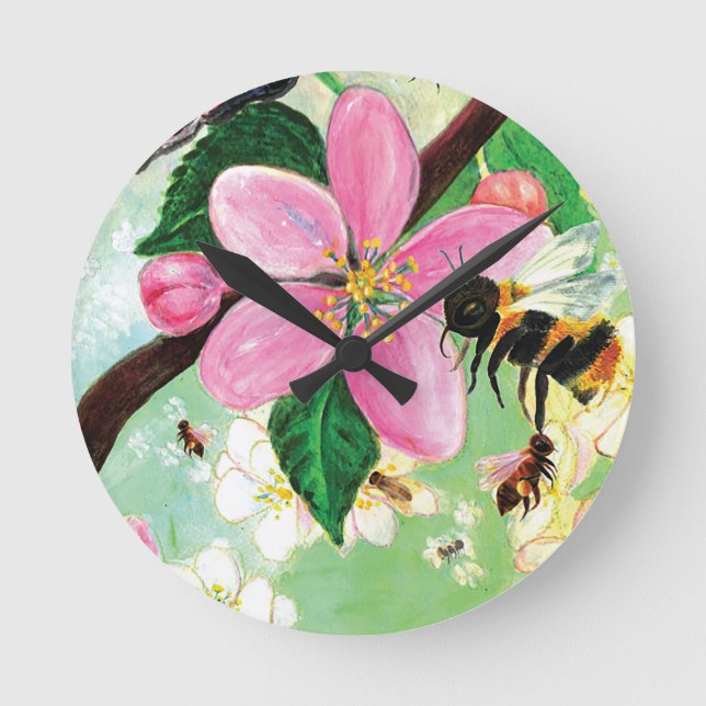 Spring Blossoming Tree with Bees Round Clock (Front)