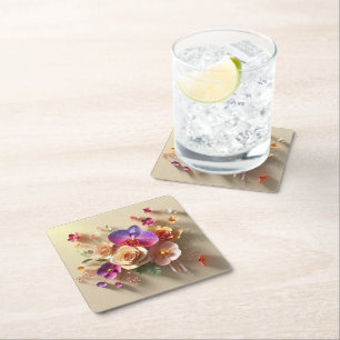Spring Blossoms 3D Greeting Card - Vibrant Roses Square Paper Coaster