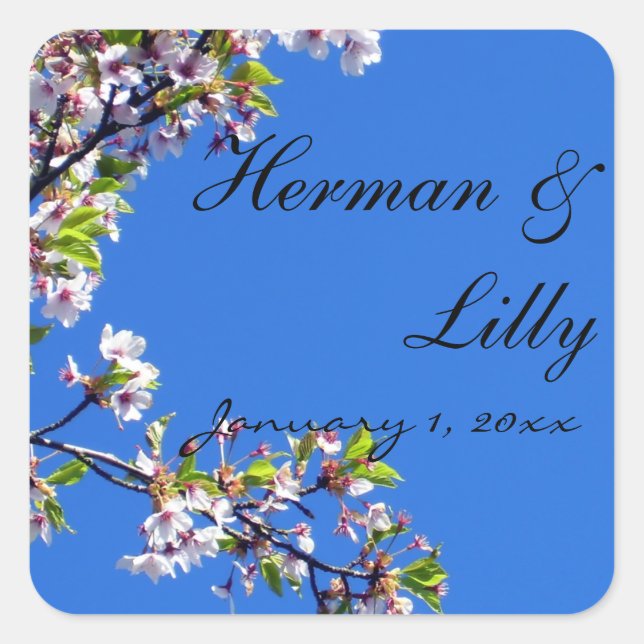 Spring Blossoms and Blue Sky Personalised Wedding Square Sticker (Front)
