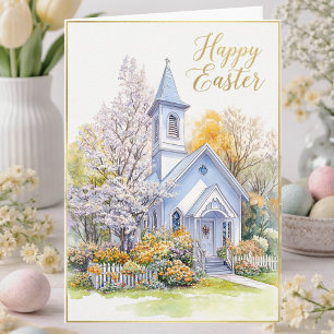 Spring Blossoms Church Scene Happy Easter Holiday Card