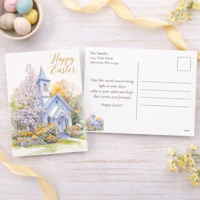 Spring Blossoms Church Scene Happy Easter Holiday Postcard (Creator Uploaded)