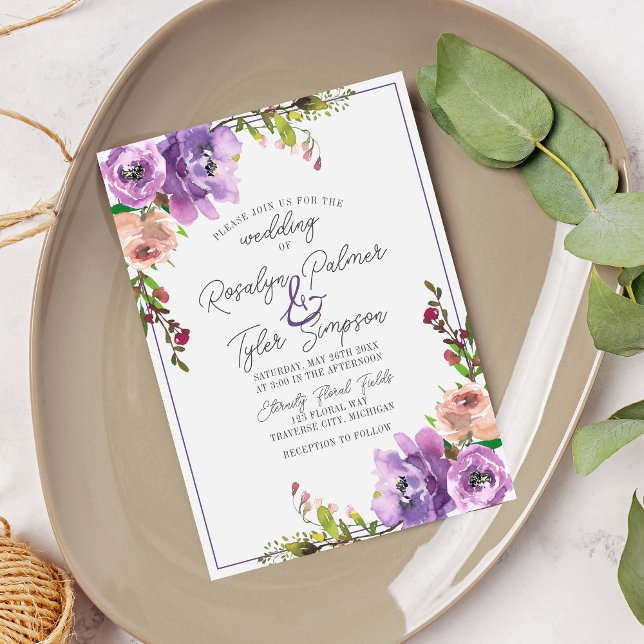 Spring Blossoms Floral Purple Peach Violet Wedding Invitation (Creator Uploaded)