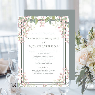 Spring Blossoms, Pink Blush, Mint Green, Wedding Invitation