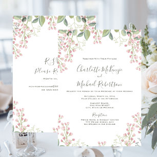 Spring Blossoms Pink Floral Mint With RSVP Wedding Invitation