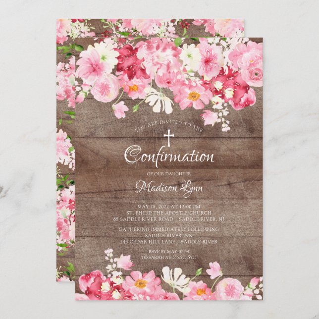 Spring Blossoms Rustic Floral Confirmation Invitation (Front/Back)