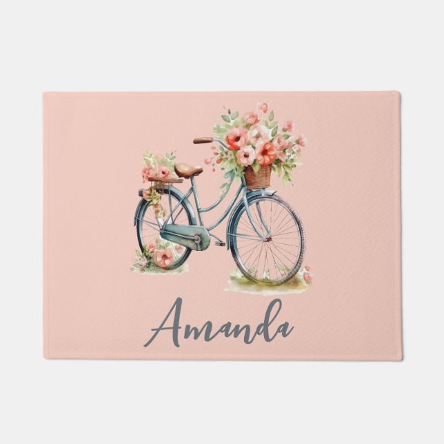 Spring Blue Bicycle Flowers on Pale Pink Doormat (Front)