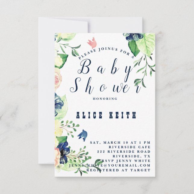 Spring Blue Floral Baby Shower Invitation (Front)