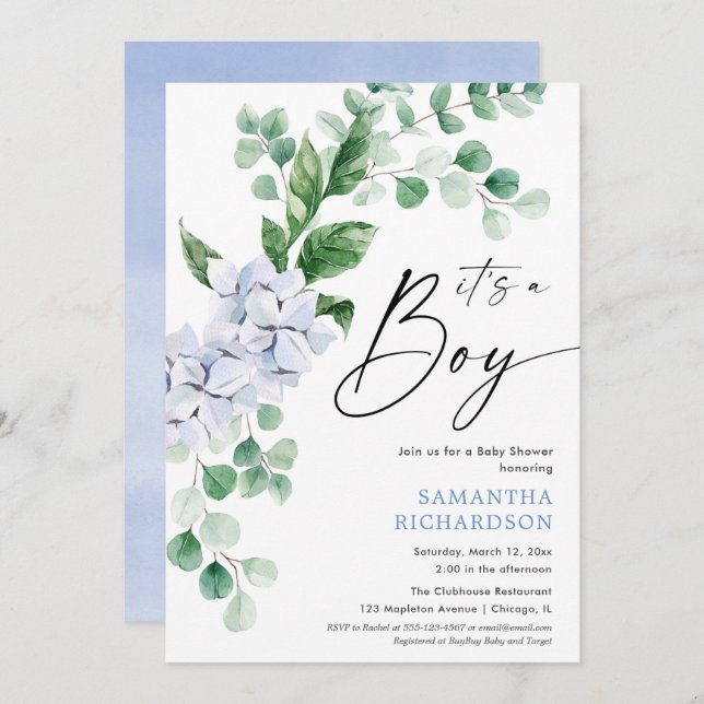 Spring blue floral greenery boy baby shower invitation (Front/Back)