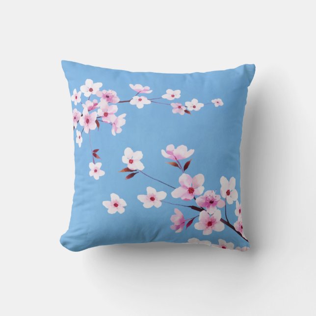 Spring Blue Sky Cherry Blossom Flowers Warecolor Cushion (Front)