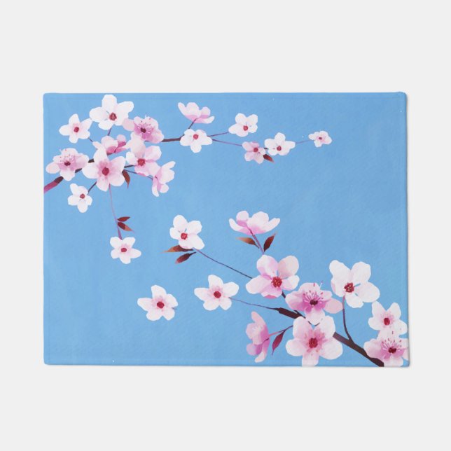 Spring Blue Sky Cherry Blossom Flowers Warecolor Doormat (Front)