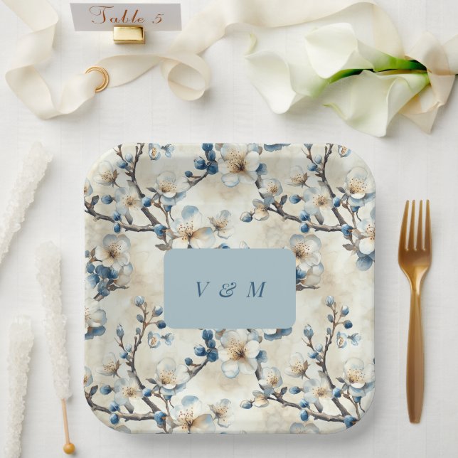 Spring Blue White Blossoms Wedding  Paper Plate (Wedding)
