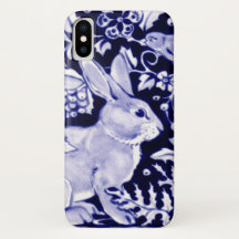 Spring Blue & White Bunny & Bird Floral Easter