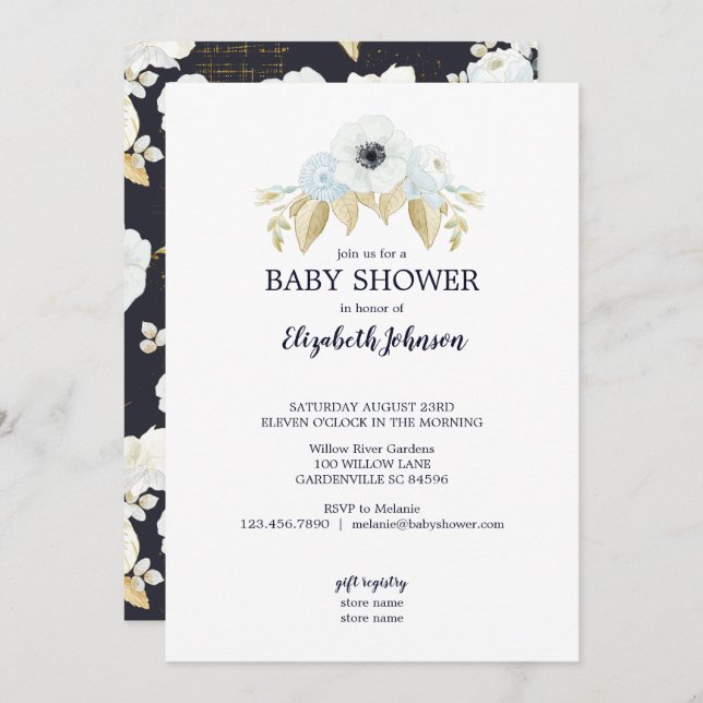 Spring Blue & White Floral on Navy Baby Shower Invitation (Front/Back)