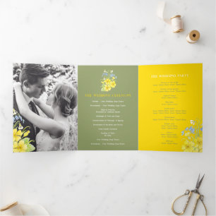 Spring bluebells primroses white green wedding Tri-Fold programme