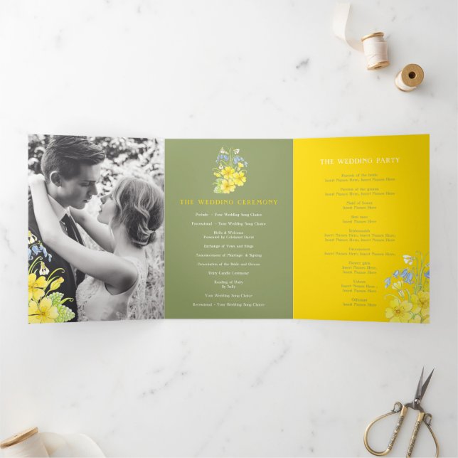 Spring bluebells primroses white green wedding Tri-Fold programme (Inside)