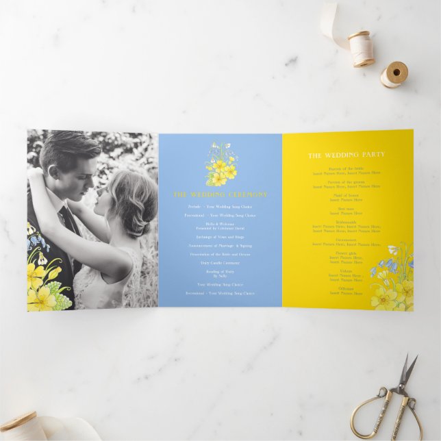 Spring bluebells primroses yellow blue wedding Tri-Fold programme (Inside)