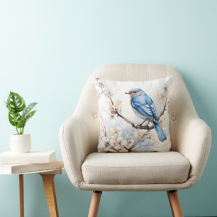 Spring Bluebird in the Blossoming Tree Cushion