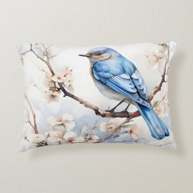 Spring Bluebird in the Blossoming Tree Decorative Cushion (Front)