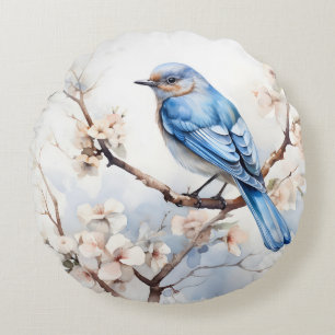 Spring Bluebird in the Blossoming Tree Round Cushion