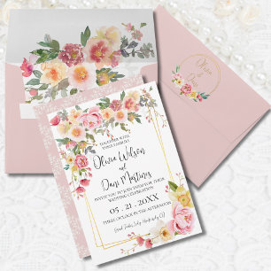 Spring Blush Floral Gold Frame Wedding Invitation